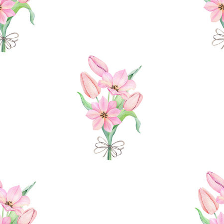 Watercolor tulips seamless pattern. International womens day. For design, card, print or backgroundの写真素材