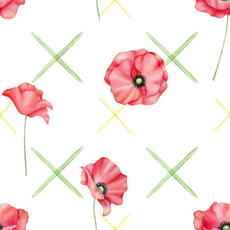 Floral seamless pattern. Watercolor red poppies. Hand drawn summer illustration for fabric, wrapping paperの写真素材