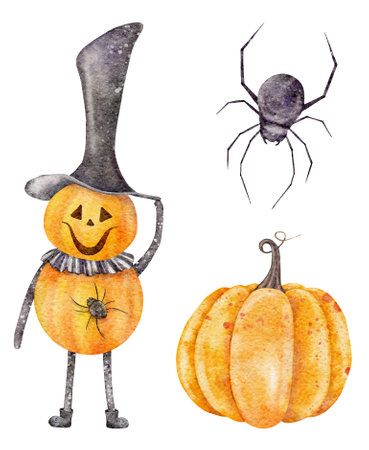 Halloween horror elements. Watercolor Jack pumpkinhead, orange pumpkin, spiderの写真素材