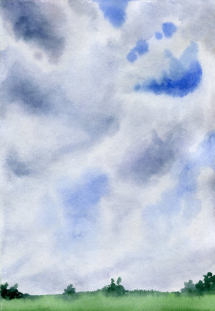 Watercolor landscape of the field. Blue sky with cloud. Hand-drawn vertical illustration.の写真素材