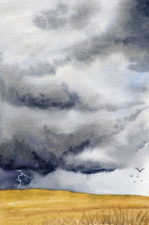 Watercolor field landscape. Dark sky with clouds and lightning. Thunderstorm.の写真素材