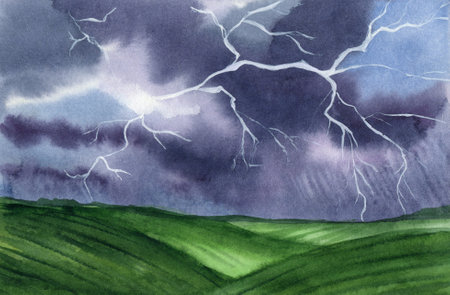 Watercolor field landscape. Dark sky with clouds and lightning. Thunderstorm.の写真素材
