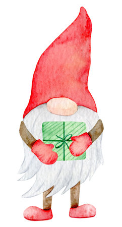 Adorable Christmas Gnome, scandinavian elf with giftbox, watercolor illustrationの写真素材