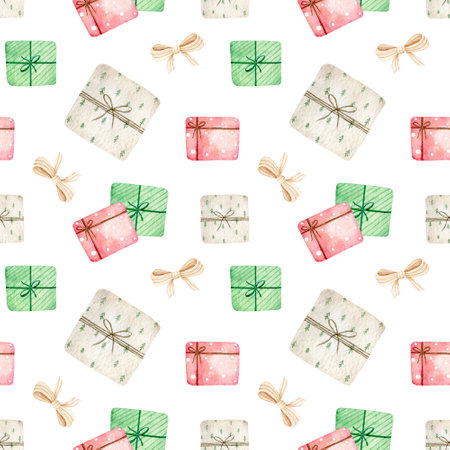 Watercolor gift box seamless pattern. Christmas print for fabric, wrapping paperの写真素材