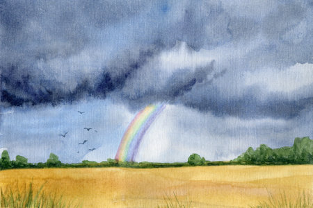 Watercolor field landscape. Dark sky with clouds and rainbow. Trees and birds.の写真素材