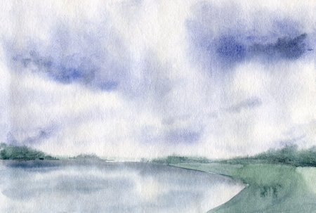 Watercolor landscape of the field and lake. Blue sky with cloud.の写真素材