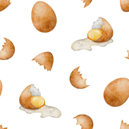 Watercolor golden raw eggs seamless pattern. Food illustrationの写真素材