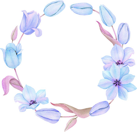 Watercolor blue tulip wreath. Spring floral frameの写真素材