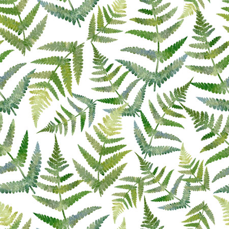 Watercolor seamless pattern with green fern. Hand drawn tropical illustrationの写真素材