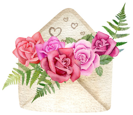 Watercolor pink rose and fern bouquet. Flowers in a paper envelope with heartsの写真素材
