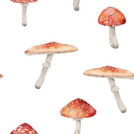 Watercolor seamless pattern with fly agaric. Hand drawn mushroom illustrationの写真素材