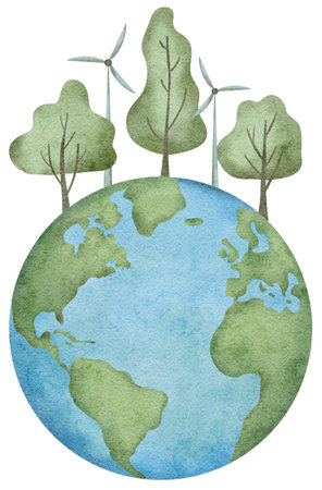 Happy Earth Day. World globe with trees and windmill. International Mother Earth Day. Watercolor illustration.の写真素材