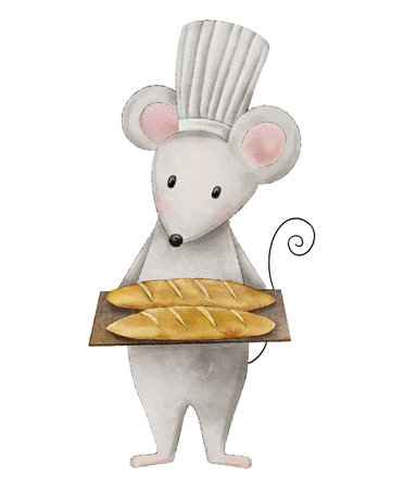 Watercolor cute mouse baker holding a tray with baguettesの写真素材