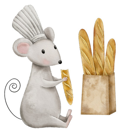 Watercolor cute mouse-baker eats a baguette, a bag of French baguettes, a hand-drawn illustrationの写真素材
