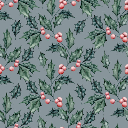 Watercolor winter palnt seamless pattern. Holly print on dark background. Hand drawn mushroom illustrationの写真素材