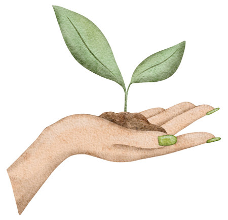 Watercolor Environment Day. Female hands holding a green sprout. Concept green world Earth Day.の写真素材