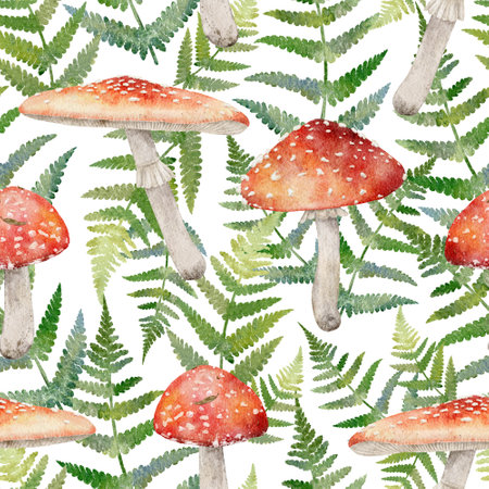 Watercolor seamless pattern with fly agaric and green fern. Forest print.の写真素材