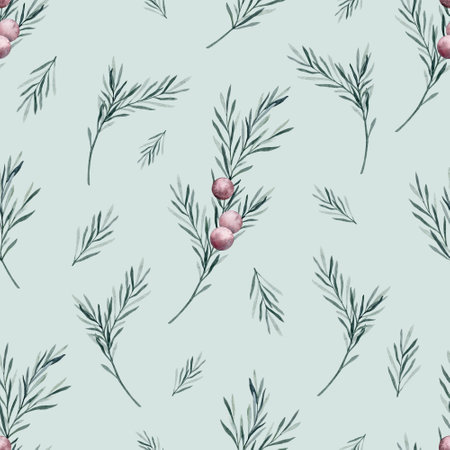Watercolor rosemary seamless pattern. Winter print on mint background. Hand drawn botanical illustrationの写真素材