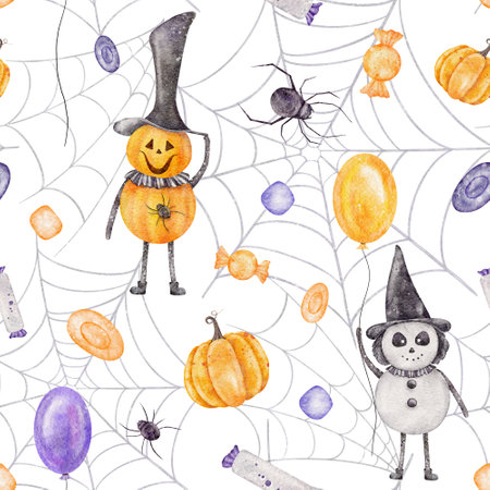 Watercolor Halloween seamless pattern. JackoLantern print with ballon, spiderweb on white background.の写真素材