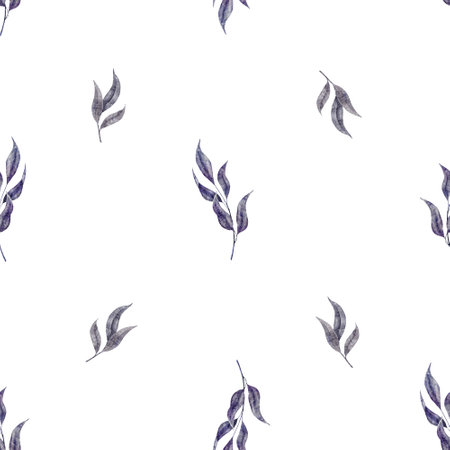 Watercolor botanical seamless pattern. Greenery print on white background. Hand drawn branch with leavesの写真素材