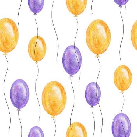 Watercolor purple and orange ballon seamless pattern. Celebration print. Hand drawn Birthday illustrationの写真素材