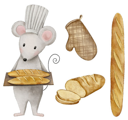 Watercolor cute mouse baker holding a tray with baguettes. bakery products, oven mitt.の写真素材