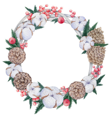 Watercolor Christmas wreath with pine cone, cotton and berries. Template design. Hand-drawn winter illustrationの写真素材