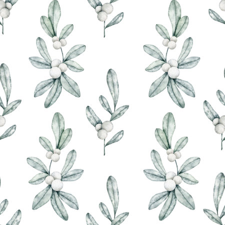 Watercolor winter plant seamless pattern. Snowberry print on white background.の写真素材