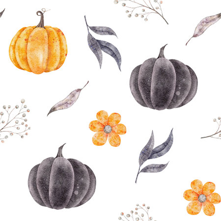 Watercolor seamless pattern with abstract flowers, pumpkins and leaves. Hand drawn autumn illustrationの写真素材