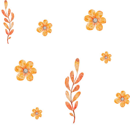 Watercolor Floral seamless pattern. Orange abstract flowers print on white background.の写真素材