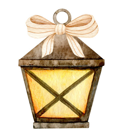 Watercolor brown glowing Christmas lantern with bow. Hand-drawn illustration isolated.の写真素材