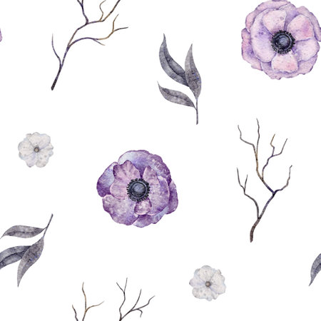 Watercolor Floral seamless pattern. Purple anemone floral print on white background.の写真素材