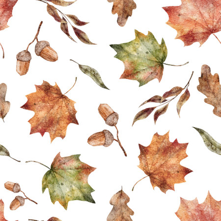 Watercolor fall leaves seamless pattern. Botanical print on white background. Hand drawn autumn illustrationの写真素材
