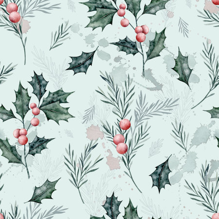 Watercolor winter palnt seamless pattern. Holly and rosemary print on mint background. Hand drawn Christmas illustrationの写真素材
