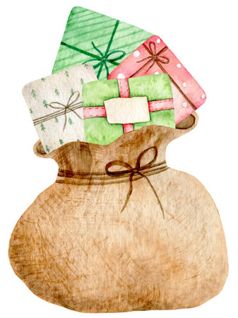 Watercolor christmas burlap sack with gift box. Hand drawn bag of giftsの写真素材