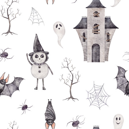Watercolor Halloween seamless pattern with castle house, bat, spider web and ghost.の写真素材