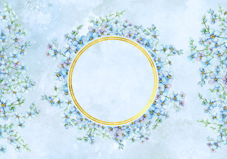 Watercolor blue Forget-me-nots. Wedding invitation floral template with gold round frame.の写真素材
