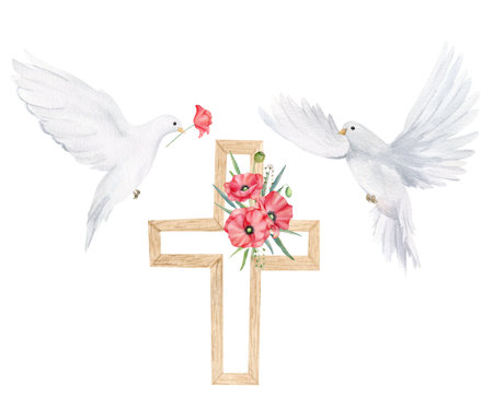 Wooden cross with red poppy flower and white dove. Watercolor design element for Remembrance Day, Anzac Day.の写真素材