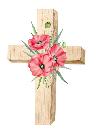 Wooden cross with red poppy flower. Watercolor design element for Remembrance Day, Anzac Day. Lest we forgetの写真素材