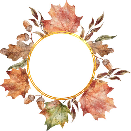 Watercolor fall leaves gold frame. Hand drawn maple and oak leaves illustrationの写真素材