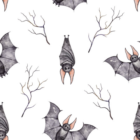 Watercolor seamless pattern with cute bat and branch. Halloween print. Hand drawn kids illustrationの写真素材