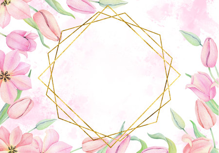 Watercolor pink tulip gold geometric frame. Hand drawn botanical illustration. Wedding invitation floral templateの写真素材