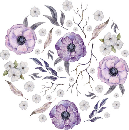 Watercolor Template design round label. Banner with anemone, branch, leaves and small white flowers.の写真素材