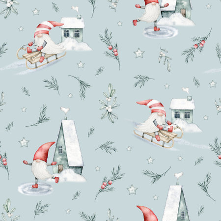 Watercolor Nordic Scandinavian gnome seamless pattern. Dwarfs skating, sledding, house and rosemary on mint background. Hand drawn Christmas illustration for fabric, wrapping paperの写真素材