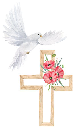 Watercolor illustration for Remembrance Day, Anzac Day. Hand drawn white dove with red poppy flower and wooden cross.の写真素材