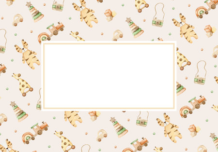 Template for Baby Shower greeting card or newborn party invitation. Hand drawn watercolor illustration with toys.の写真素材