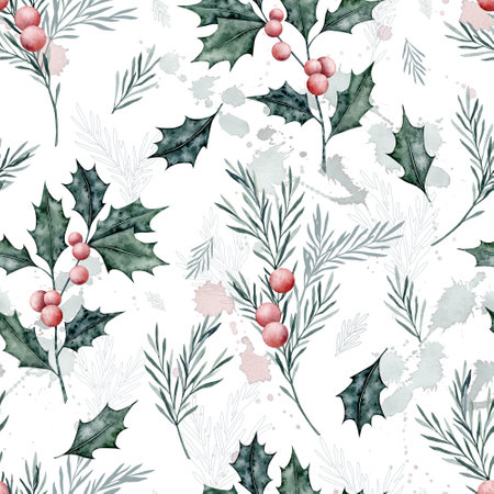 Watercolor winter palnt seamless pattern. Holly and rosemary print on white background with splashes. Hand drawn Christmas illustration for fabric, wrapping paperの写真素材