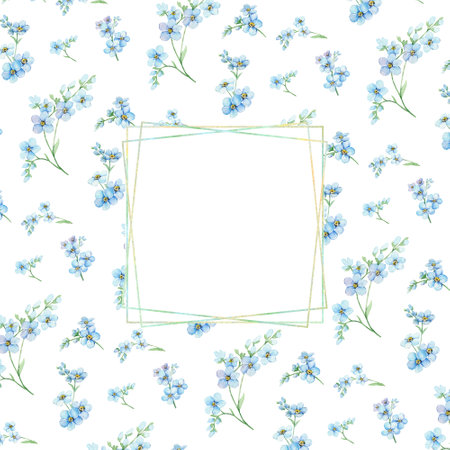 Watercolor illustration with forget-me-not and geometric frame. Spring flowers background with a place for text for greeting cards, invitations, sales, packagingの写真素材