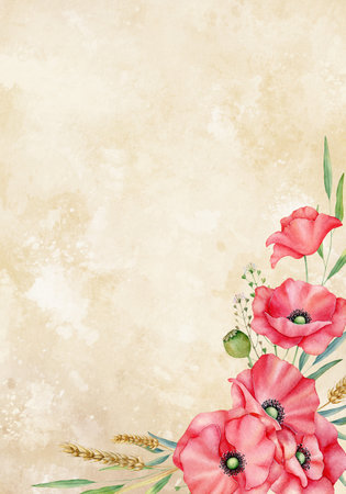 Watercolor red poppy on beige background. Hand drawn botanical illustration. Wedding invitation floral template Flowers for postcards, greeting card, remembrance day, Poppy Dayの写真素材