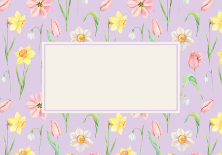 Watercolor banner with daffodils and tulips flowers.Template for greeting cards, wedding decorations, invitation, sales, packaging. Spring or summer design. Place for textの写真素材
